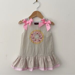 LIL CACTUS EUC Donut Appliqué Peplum Ruffle Bow Strap Gingham  Dress